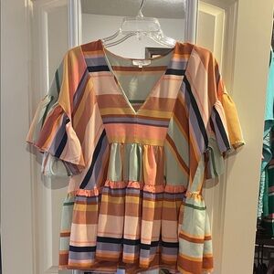 entro Multicolor Striped Peplum V-Neck Top